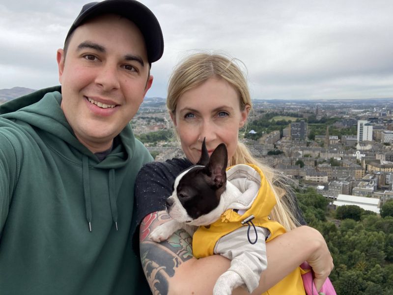Kelly and Freya and I hiking Arthur's Seat in Edinburgh