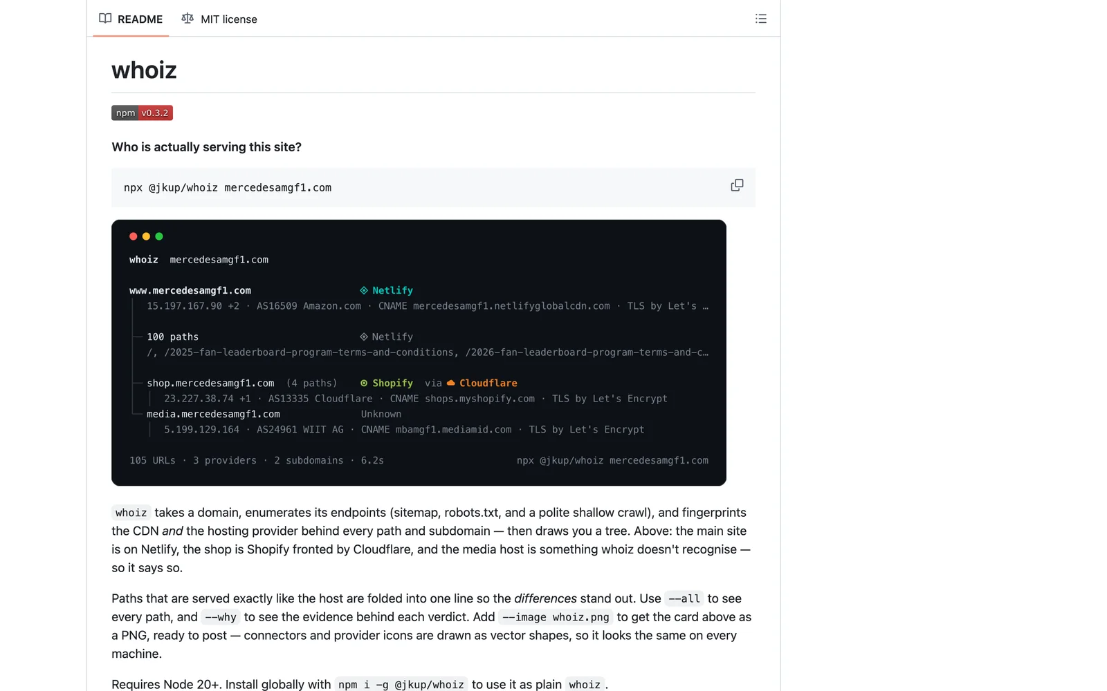 whoiz output grouping a site’s paths by hosting provider